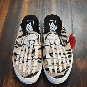 Vans Hazy Bones Skeleton Slip-On Shoes - Brown and White